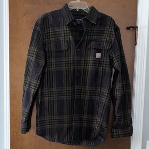 Carhartt Black and Olive Plaid Work Shirt Men's Medium Loose Fit